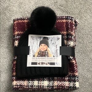 Black Pom-Pom Hat and Plaid Scarf Set